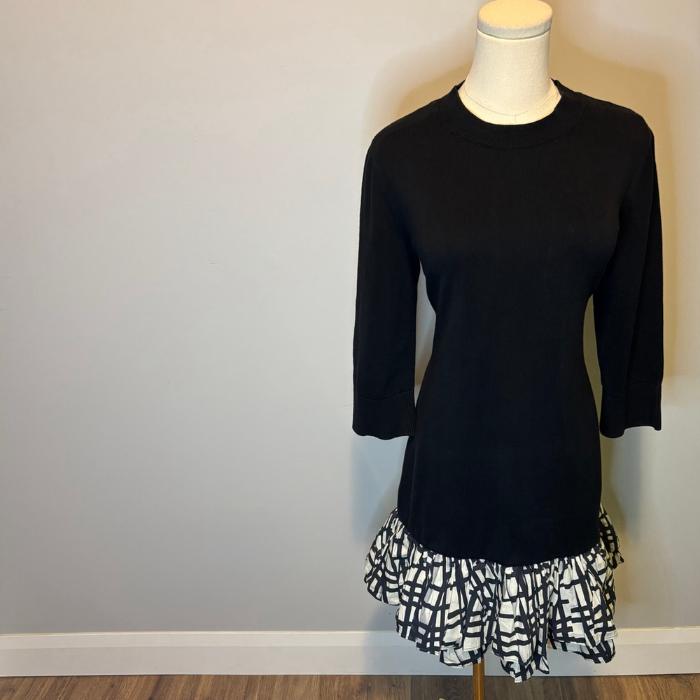 COS Women's Cotton Black Knit 3/4 Sleeve Ruffle Hem Dress, SZ M